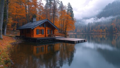 Obraz premium A cozy wooden cabin sits next to a beautiful reflective lake