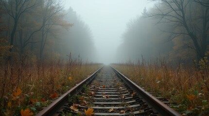 Fototapeta premium Overgrown Railway Track in Morning Fog