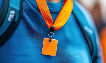 A person wears a bright orange lanyard with a name tag against a blue shirt, ready for the event.