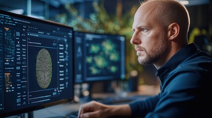 Cybersecurity phishing social engineering threats. Focused professional analyzing data on multiple screens.