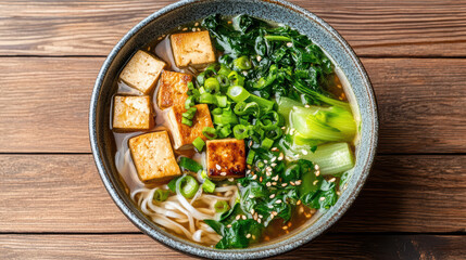 delicious bowl of vegetarian pho filled with tofu, greens, and noodles, perfect for comforting