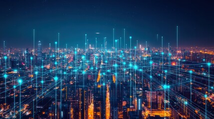 Futuristic cityscape network. Aerial view of connected city at night. Possible use Stock photo