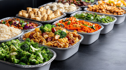 Delicious buffet line featuring various international cuisines and vibrant dishes