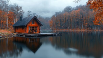 Obraz premium A wooden lakeside cabin sits in a beautiful autumn landscape scene