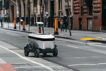 Self-driving delivery robot cruising down city street lined with buildings and signs, showcasing autonomous technology in an urban environment