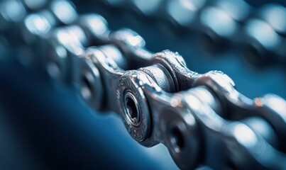 Detailed close-up of a bicycle chain highlighting its metallic links and complex mechanical design.
