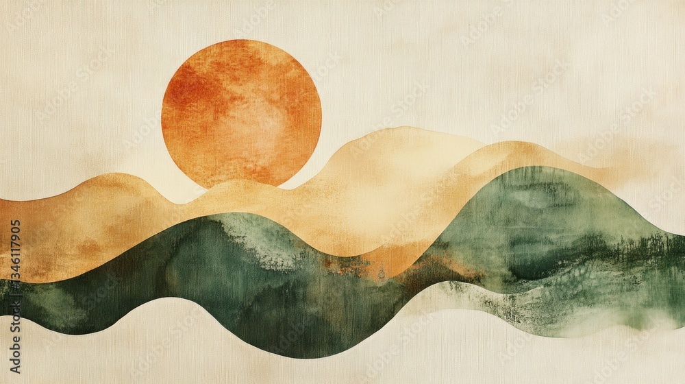 Poster soft hues of orange and green create a calming atmosphere as a sun sinks behind rolling hills, casti
