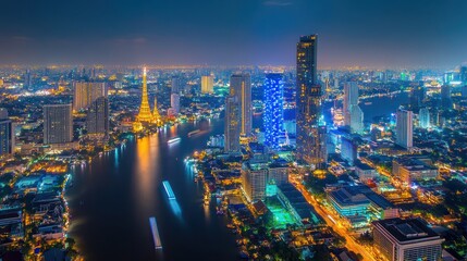 Naklejka premium Bangkok cityscape at night, Chao Phraya River, illuminated buildings, aerial view, urban scene, tourism, travel