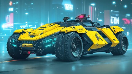 Fototapeta premium Futuristic armored vehicle driving down a neon lit city street