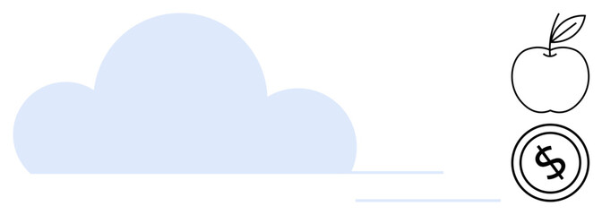 Blue cloud alongside apple and dollar coin outline conveys sustainability, technology, and economy. Ideal for education, digital agriculture, finance, environment, cloud computing, conceptual art