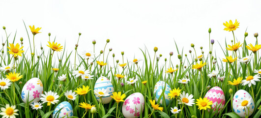 Colorful painted eggs hidden flowers isolated border
