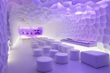 Fototapeta premium A modern, minimalist lounge with a unique purple-lit, textured ceiling and white seating.