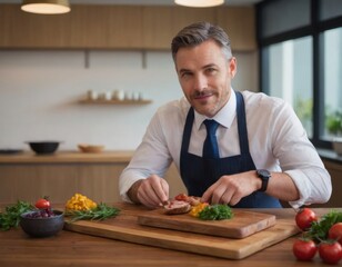 Fototapeta premium Meat garnish with sauce and vegetables. Realistic illustration