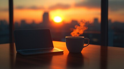 Laptop & steaming mug on table, city skyline against bright sunset through window