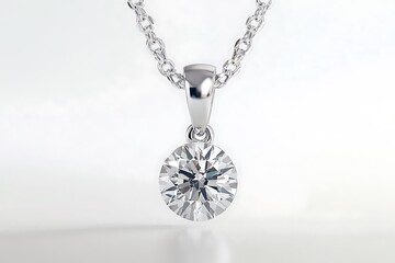A minimalistic single diamond solitaire pendant necklace, hanging subtly against a bright white background.