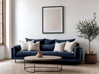 Relaxing living room scene with dark blue sofa and natural decor modern home interior design cozy atmosphere