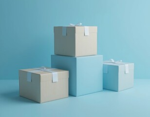 Obraz premium Stacked Gift Boxes with White Ribbons on Light Blue Background