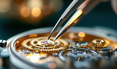Using tweezers to meticulously assemble the intricate gears of a mechanical watch movement.