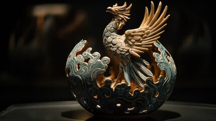 Ceramic phoenix emerging from an egg-shaped vessel.
