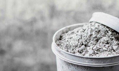 A bucket filled with grey powder creates a textured, monochrome still life, ideal for industrial themes.