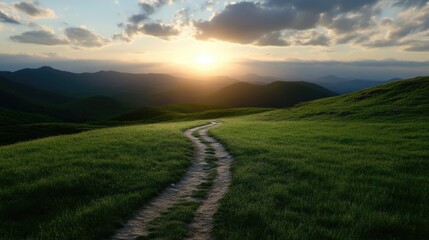 Obraz premium Serene mountain path at sunset. Lush green meadow leads to a winding dirt road in a mountain range. Golden sunlight illuminates the scene