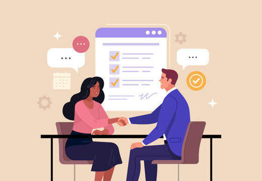 Business Job Interview concept. Vector cartoon illustration of a man in a suit and a woman at a desk shaking hands. Isolated on background.