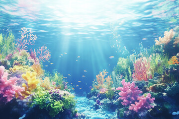 Naklejka premium A vivid underwater view of a coral reef, packed with marine life, a watercolor landscape