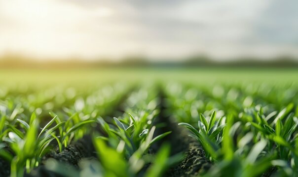 Rows of vibrant green seedlings stretch across the field under the soft morning light.