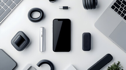 of tech accessories including a power bank, phone stand, wireless headphones, and a charging dock, on a sleek surface 