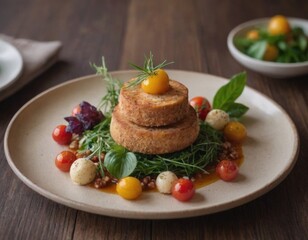 Meat garnish with sauce and vegetables. Realistic illustration