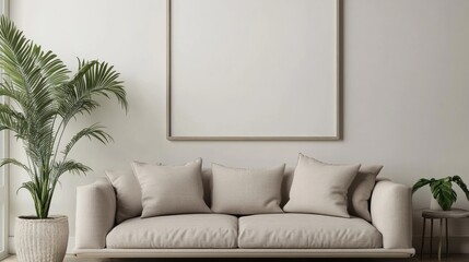 A minimalist living room featuring a beige couch with three pillows, a large blank framed artwork on the wall, and a potted plant placed beside the couch in soft lighting