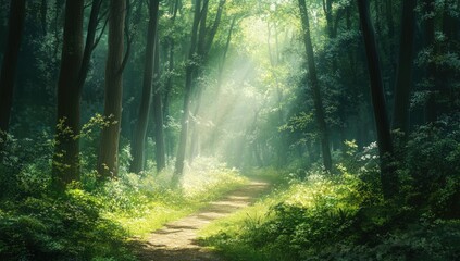 Obraz premium Sunlight path through forest
