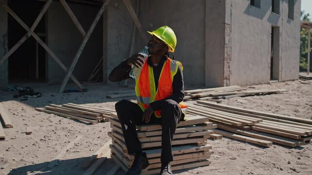 An African American construction worker sits on wooden pallets, taking a break under the hot sun. Wearing a bright safety vest and hard hat, he drinks water, combating heat exhaustion