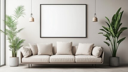 A minimalist living room featuring a beige couch with three pillows, a large blank framed artwork on the wall, and a potted plant placed beside the couch in soft lighting