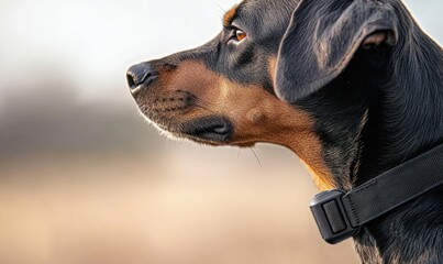 A sleek Doberman Pinscher gazes attentively across a sunlit field, showcasing its elegant profile and alert expression.