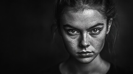 Obraz premium Intense Close-Up Portrait of Young Woman with Freckles and Piercing Gaze