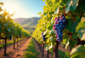 Fototapeta premium Vineyard with ripe grape clusters ready for harvest