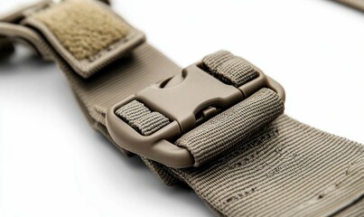 A khaki nylon strap with a plastic buckle is displayed against a white backdrop.