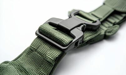Close-up of a green nylon strap with a black plastic buckle, perfect for showcasing robust tactical gear.