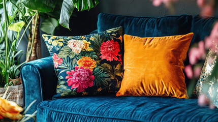 Stylish sofa setup with bold cushions and fresh flower