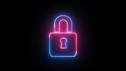 Glowing neon simple padlock lock. Lock icon protection safety security privacy password circle closed sign symbol