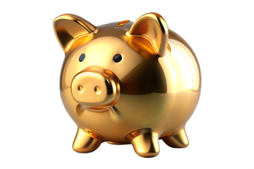 Golden piggy bank isolated on a transparent background.