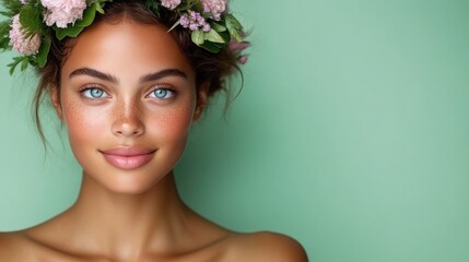 Naklejka premium Radiant woman with floral crown. Healthy, glowing skin