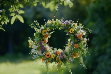 A vibrant floral wreath hanging gracefully in a sunlit garden surrounded by lush greenery