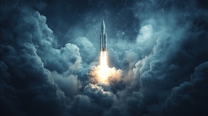 A dramatic sci-fi rocket ascending into a stormy space atmosphere