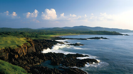 Obraz premium Coastal Landscape With Rocky Shore And Waves