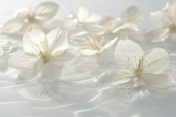 Soft White Blossoms Floating on Calm Water with Gentle Reflections