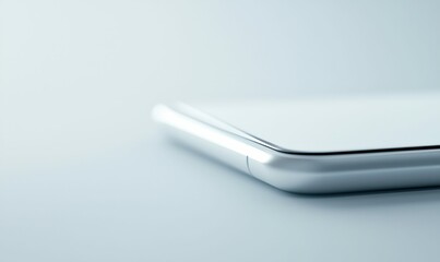 A stylish silver smartphone showcases its sleek design and metallic finish in a close-up view.