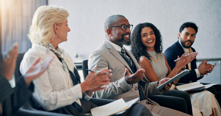 Business, applause and audience in seminar, group and colleagues in workshop for training or meeting. Conference, success and crowd with smile for presentation, clapping and achievement for people