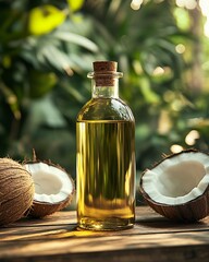 A mock-up of a coconut oil bottle standing on a wooden surface with soft natural lighting, leaving space for custom text or branding, isolated background